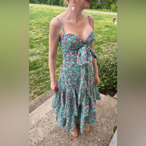 NWT 378 EDDY Helen Tiered Teal and Pink Floral Maxi Dress 100% Cotton Boho Luxe - Picture 4 of 10